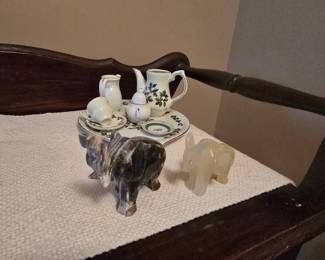 MINI TEA SETS, STONE ELEPHANT AND DONKEY TOOTHPICK HOLDER