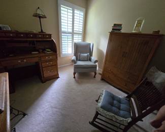 WING BACK CHAIR, VINTAGE ROCKING CHAIR, ARMOIRE
