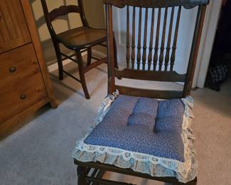 ANTIQUE HIGH BACK WOODEN ROCKING CHAIR W/ HANDMADE CUSHION