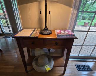 SIDE TABLE 2 DRAWER DARK WOOD, MUSHROOM DOME LAMP