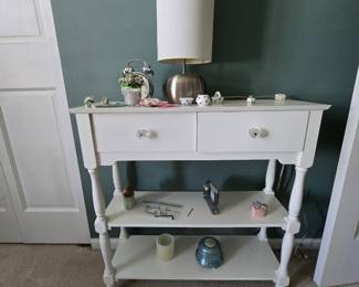 WHITE 2 DRAWER, DOUBLE SHELF SIDE TABLE