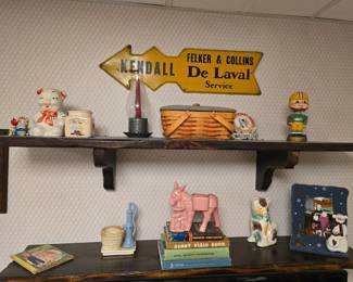 KENDALL, DE LAVAL, FELKER & COLLINS SIGN (2), VINTAGE PIG BANK, VINTAGE SCOUT BOOKS, GREEN BAY PACKERS BOBBLEHEAD NODDER