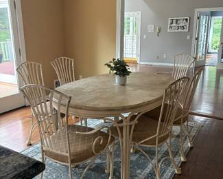 Travertine Dining Table with Wrought Iron Chairs