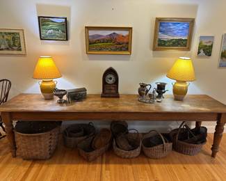 Long narrow antique harvest table. Measures 10'long  x 29" deep x 29" high