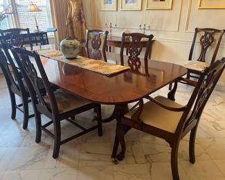 Baker Furniture Double Pedestal Duncan Phyfe Racetrack Table and Henkel Harris Chairs