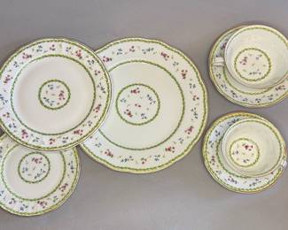 Complete Service for 8 Bernardaud “Artois Vert” to include 8 Dinner Plates, 8 Salad Plates, 8 Bread & Butter Plates, 8 Cups and Saucers and 8 Soups and Saucers. Discontinued Pattern 