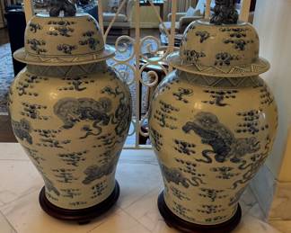 Pair of Large Chinese Blue and White Porcelain Temple Jars