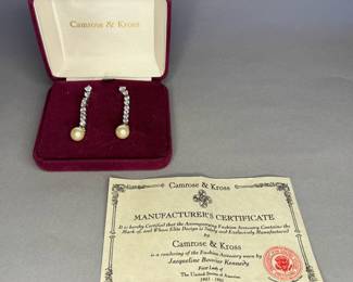 Vintage Camrose & Kross Jackie Kennedy JBK Earrings Dangle Drop Glass Faux Pearl Crystal
