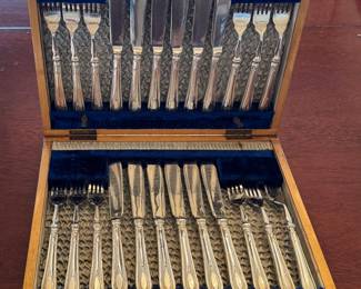 Antique Harrison Fisher & Co Sheffield Silver Plate Fish Cutlery Set, service for 12