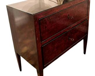 Pair of Switzer "Italian Directoire" Two Door Chests in Karelian Birch Veneers with Brown Mahogany and Ebony Trim - 35.5"H x 19"D x 35.5"H.