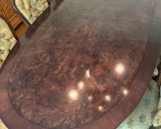 ALTERNATE VIEW - Switzer Oval Burled Poplar Dining Table with Cherry and Ebony Insets and Solid Brass Feet - seats 12 and includes two 20" extensions and custom table pads.