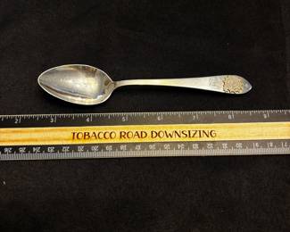 S6 - $50. 28 gram Sterling Spoon. J.E. Caldwell & CO  front monogrammed: "ED" back: "Eleanor Daughtry by Washington-Custis Chapter D.H.R. 1938"