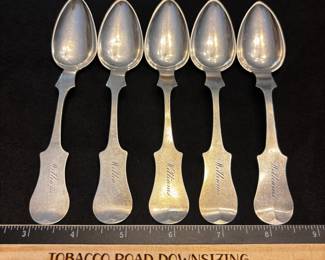 S32 - $145. 84 grams, C.D. Clark 5 pc Sterling silver spoon set. Monogrammed "Williams"