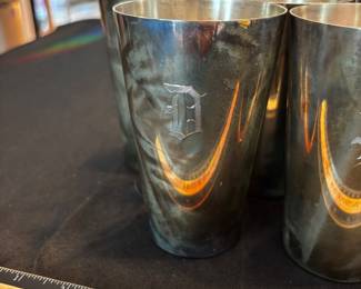 S49 - $2,250. 6 pc set. Stieff Sterling Silver Cups. Monogrammed "D". Includes protective bags and *Original Stieff Box!*