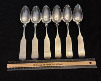 S31 - $425. 256 grams, 6pc C.D Clark sterling silver serving spoon set. Monogrammed "JVW" 