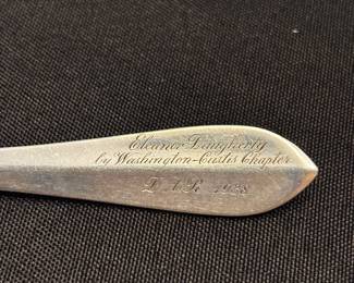 S6 - $50. 28 gram Sterling Spoon. J.E. Caldwell & CO  front monogrammed: "ED" back: "Eleanor Daughtry by Washington-Custis Chapter D.H.R. 1938"