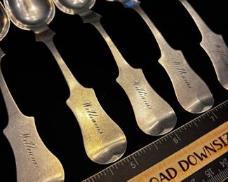 S32 - $145. 84 grams, C.D. Clark 5 pc Sterling silver spoon set. Monogrammed "Williams"