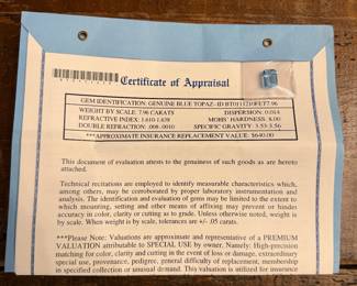 S63 - $200. 7.96 Carat Blue Topaz. Loose Stone with Certificate of Appraisal. 