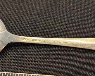 S6 - $50. 28 gram Sterling Spoon. J.E. Caldwell & CO  front monogrammed: "ED" back: "Eleanor Daughtry by Washington-Custis Chapter D.H.R. 1938"
