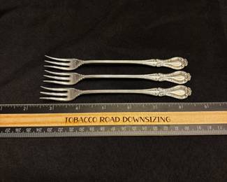 S4 - $95. 55.7 gram. 3pc Sterling Cocktail Forks. Marked PAT.97.