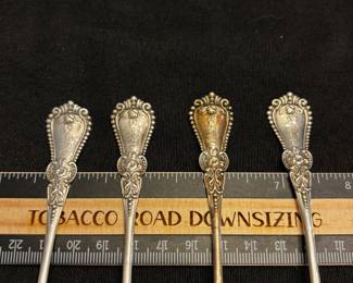 S18 - $100. 62 grams, 4pc sterling silver set, olive spoons. Monogrammed "B" 