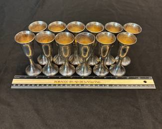 S50 - $1000. 37.6 grams each (451.2 total), 12 pc, Stieff Sterling Silver Cordial Cup Set. Includes protective bags and *Original* Stieff Box. 