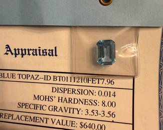 S63 - $200. 7.96 Carat Blue Topaz. Loose Stone with Certificate of Appraisal. 