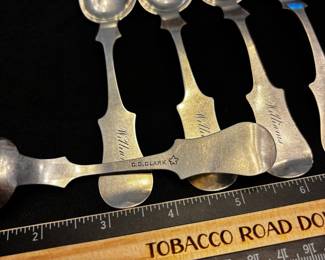 S32 - $145. 84 grams, C.D. Clark 5 pc Sterling silver spoon set. Monogrammed "Williams"