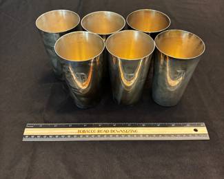 S49 - $2,250. 6 pc set. Stieff Sterling Silver Cups. Monogrammed "D". Includes protective bags and *Original Stieff Box!*