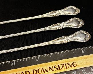 S4 - $95. 55.7 gram. 3pc Sterling Cocktail Forks. Marked PAT.97.