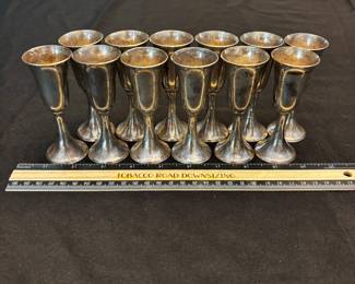 S50 - $1000. 37.6 grams each (451.2 total), 12 pc, Stieff Sterling Silver Cordial Cup Set. Includes protective bags and *Original* Stieff Box. 