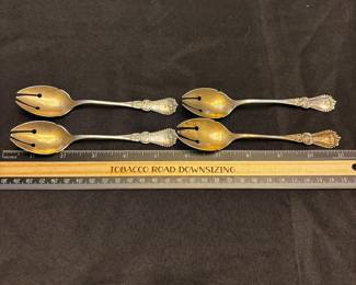 S18 - $100. 62 grams, 4pc sterling silver set, olive spoons. Monogrammed "B" 