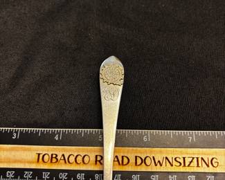 S6 - $50. 28 gram Sterling Spoon. J.E. Caldwell & CO  front monogrammed: "ED" back: "Eleanor Daughtry by Washington-Custis Chapter D.H.R. 1938"