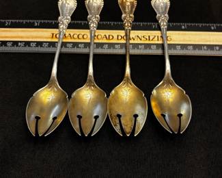 S18 - $100. 62 grams, 4pc sterling silver set, olive spoons. Monogrammed "B" 
