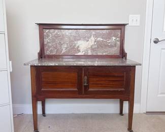 Antique English Marble Top Washstand -> this item is available to purchase for pre-sale. Here's the link to our website: https://www.pureandsimplecarolinas.com/shop/belmont