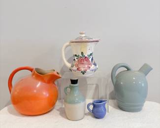 Vintage 1940s Red Wing Pottery Lidded Pitcher - Vtg Tilt Ball Pitcher Orange - Avon Bay Rum Jug - Vtg Mohawk Liqueur Jug