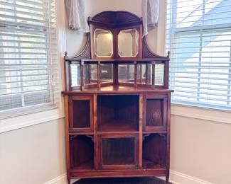 Antique Wooden Corner Curio Cabinet -> this item is available to purchase for pre-sale. Here's the link to our website: https://www.pureandsimplecarolinas.com/shop/belmont