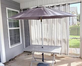 Grey Wicker-Style Folding Patio Dining Table - Grey Market Umbrella and Base