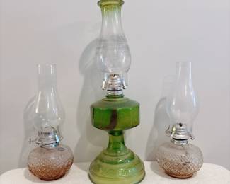 Vtg Green Pressed Glass Oil Lamp - Pair of Amber Base Diamond Quilted Oil Lamps