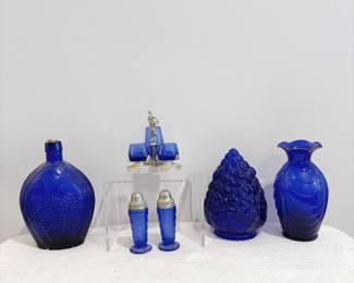 Empire Glass Works Grapes Embossed Blue Bottle - Cobalt Condiment Holders - Hazel Atlas Moderntone Cobalt Blue Depression Glass Salt & Pepper Shakers - Cobalt Kugel-Style Ornament Grape Cluster - Cobalt Drapery Vase