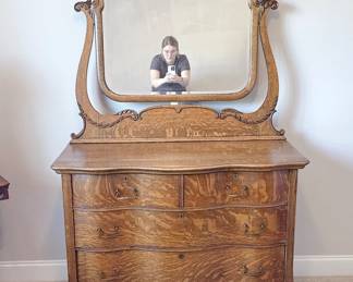 Antique Victorian Tiger Oak Serpentine-Front Dresser -> this item is available to purchase for pre-sale. Here's the link to our website: https://www.pureandsimplecarolinas.com/shop/belmont