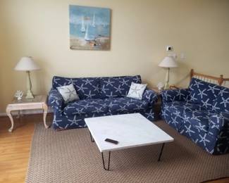 Starfish couch and loveseat; coffee table; end tables; table lamps