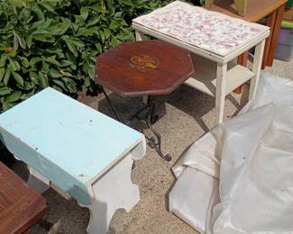 Wood bench and small tables