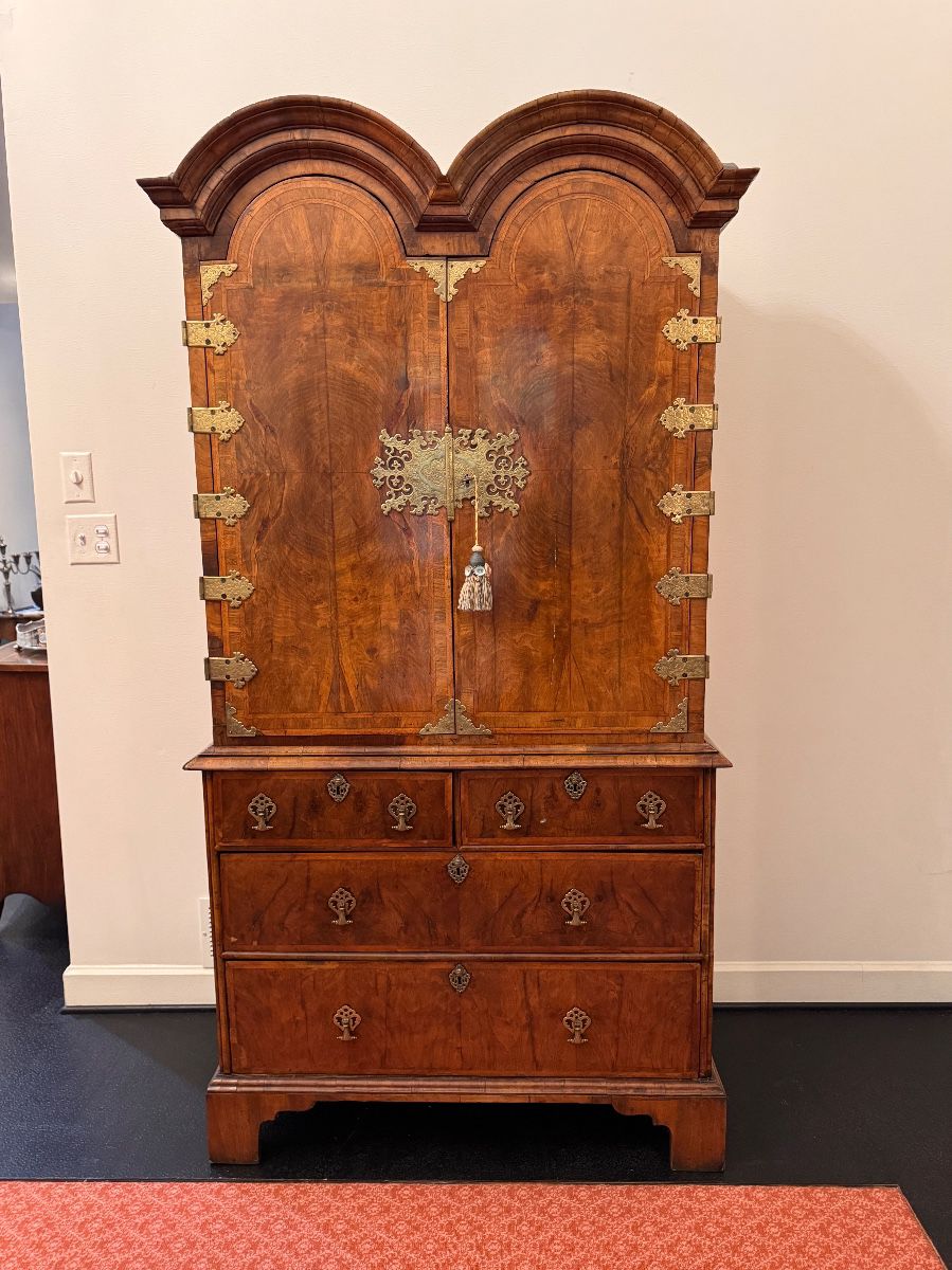 Antique 18th c and later English walnut double dome cabinet on chest 77"h x 40"w x 22"d