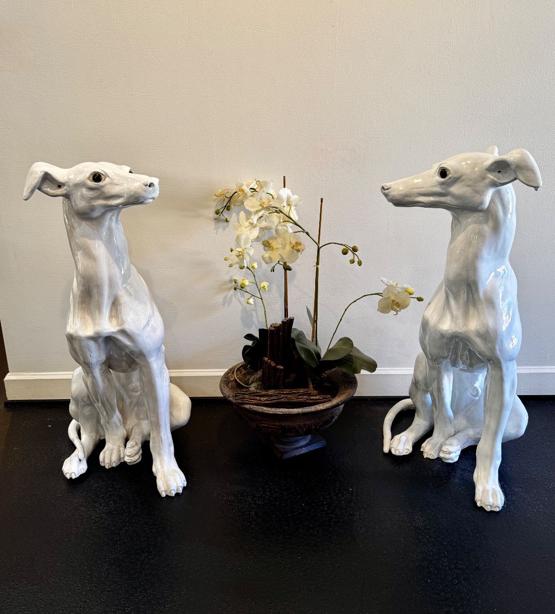 Pr. life-size Italian white glazed terra cotta greyhounds 35"h x 24" x 18"d one tail needs repair