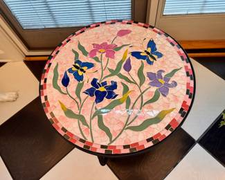 Floral mosaic & iron table 20"h x 20.5" diameter 