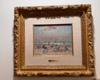 Andre Hambourg (1909-1999) oil on canvas figures on beach  canvas size 8.5"h x 10.5"w