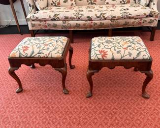 Pr. antique Queen Anne-style stools with crewel upholstery 18"h x 21"w x 18"d 