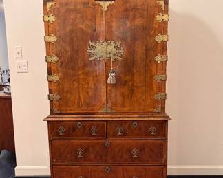 Antique 18th c and later English walnut double dome cabinet on chest  77"h x 40"w x 22"d