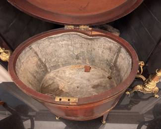 George III oval cellarette on stand, mahogany with brass banding, fitted liner for chilling and storing wine, late 18th/early 19th century 29"h x 21.5"w x 15"d  stand needs repair